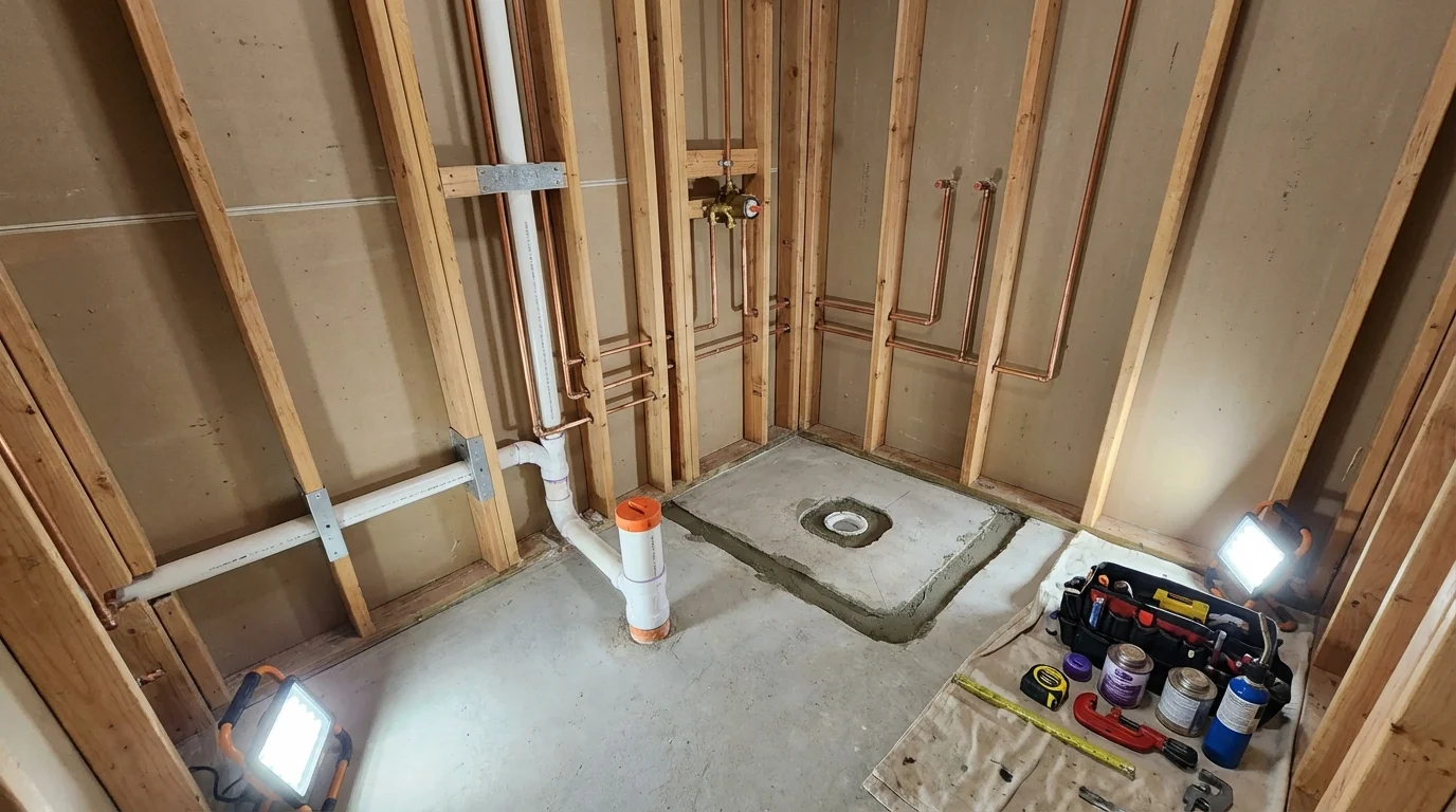 Bathroom rough-in plumbing during remodel by Johns Plumbing LLC in Aguada