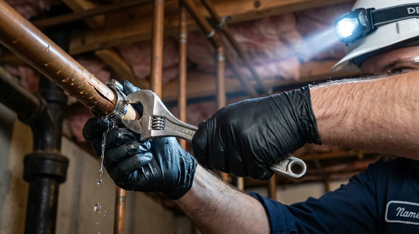 Emergency pipe clamp repair being performed by a Johns Plumbing LLC plumber in Aguada