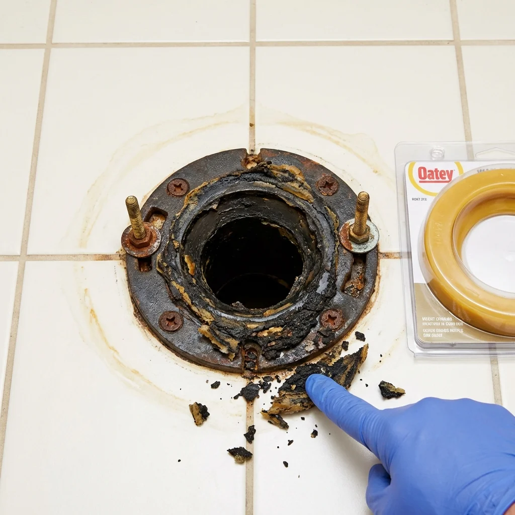Failed wax ring showing water seepage at the base of a toilet in a Aguada, PR home