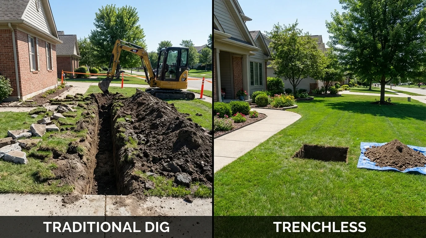 Trenchless sewer repair with minimal yard damage versus traditional excavation in Aguada, PR