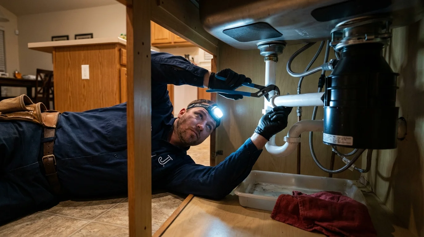 P-trap and supply line connections under a kitchen sink showing a common leak point in Aguada, PR